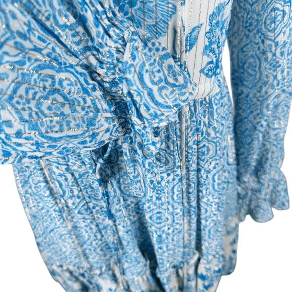 Hemant & Nandita Kaiyo Blue Floral Mini Dress Tassel Ties Boho Peasant Size XS - Picture 8 of 12